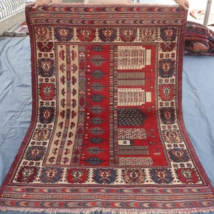 Vintage 4&#39;6x6&#39;1 Pictorial rug Afghan Handmade Wool Rug, Art Decor Rug, Veg dyes Soft Wool Rug, Antique Baluchi rug, Cars, City Buildings Rug
