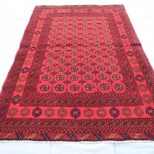 Vintage Turkmen Rug 4&#39;4x6&#39;9 ft Geometric Bukhara Rug, Afghan Handmade Rug, Fine Wool Rug, Red Oriental Rug, Rug for Living Room, Bedroom Rug