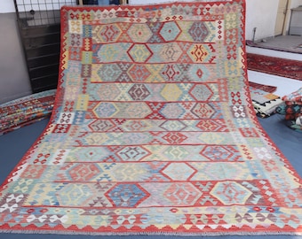 8'7x11'5 ft Afghan Kilim Rug, Handmade Wool Flatweave, Vegetable dyes Turkmen Oriental Rug, Living Room Rug, Orange Red Blue Rug, Office Rug