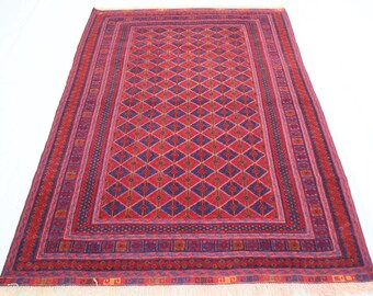 Vintage Area Rug 4'8x6'5 ft Afghan Handmade Kilim Rug, Geometric Pattern Turkmen Antique Rug, Tribal Afghan Kilim Area Rug, Dining Table Rug
