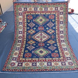 Blue Kazak Rug 5x7 ft Area Rug/ Afghan Hand Knotted Rug/ living room Rug/ Handmade Rug/ Bedroom Rug Sheep Wool Rug/ Super Kazak Turkmen Rug