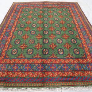 Green Bukhara Rug - 4&#39;10x6&#39;5 ft Afghan Handmade veg dyes Wool Area Rug - Oriental Turkmen Rug - Tribal Boho Rug - Bedroom Rug - Home decor