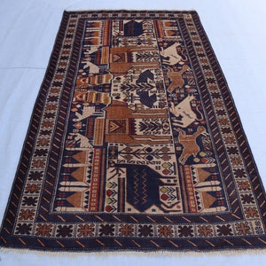 3'9x6'5 Ft, Antique Pictorial Rug, Afghan Handmade Hunting Scene Rug, Handmade Turkmen Pictorial Traditional Rug, Oriental Bohemian Kids Rug