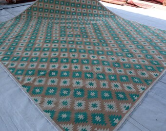 Vintage Geometric Kelim Area Rug, 8'7 x 10'2 Ft Turkman Hand Woven Wool Kelim Rug, Afghan Teppich Teppis, Rug For Living Room, Bedroom Rug