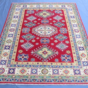 Afghan Hand-Knotted Kazak Area Rug, 5x7 Area Rug, Living Room Rug, Boho Kids Room Rugs, Entryway Rug, Kitchen Bedroom Rug, Living Room Rug