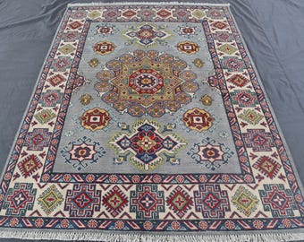 5x7 ft Oriental Kazak Area Rug, hand Knotted Wool Rug, Geometric Kazak Rug, Gray Area Rug, Ethnic Turkmen Rug, Natural Veg Dyes Rug, Bedroom