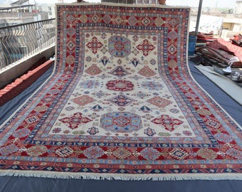 10x14 ft Large Kazak Rug, Afghan Hand Knotted Wool Area Rug, Oriental Rug, Turkmen Tribal Geometric Carpet, Bedroom Rug, Palace Size Carpet