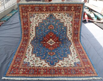 5x7 ft Blue Heris Rug, Hand Knotted Wool Area Rug, Authentic Handmade Rug, Tribal Turkish Rug, One of a Kind Area Rug, Oriental Caucasian Ru