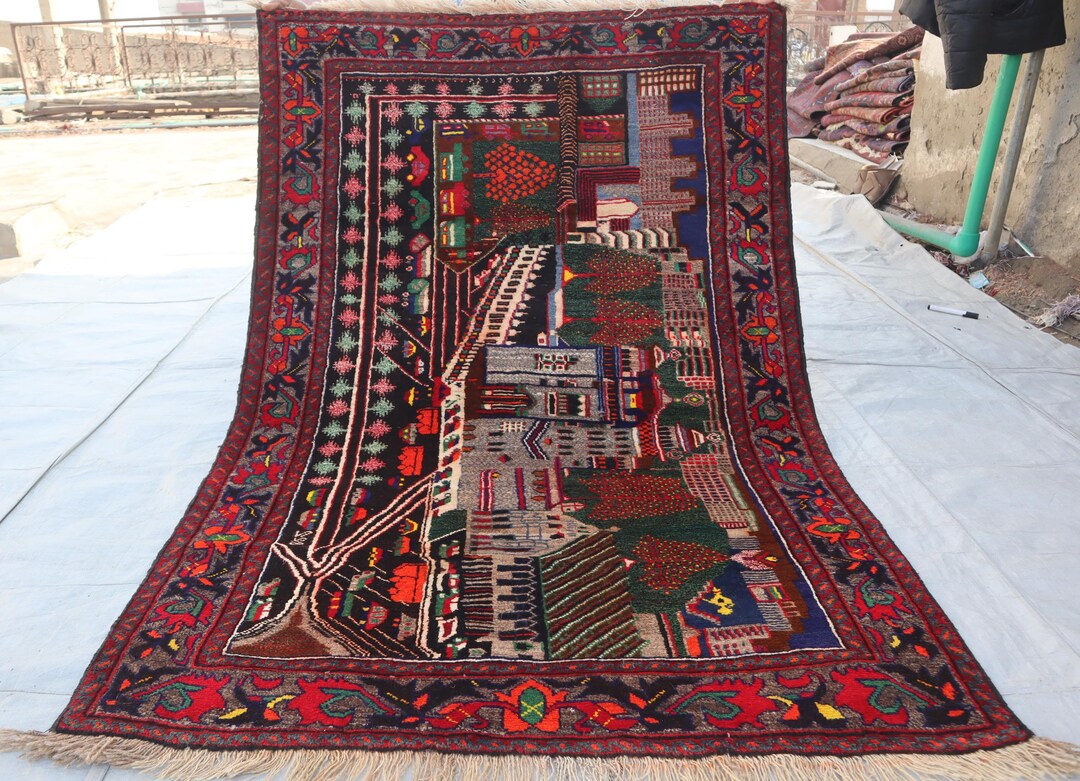 3'9x5'7 Ft Vintage City Map Buildings Area Rug, Pictorial Rug, Wall ...