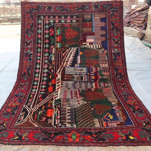 Tappeto con mappa della città vintage, 1,16 x 1,77 m, tappeto pittorico, tappeto da parete, tappeto con l'albero della vita, tappeto turkmeno fatto a mano, arredamento per il soggiorno
