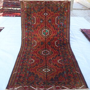 Alfombra geométrica vintage de 3&#39;5x6&#39;6 pies, alfombra de lana hecha a mano de la mejor calidad, alfombra afgana baluchi, alfombra turcomana oriental, alfombra tribal de 4x7 pies, alfombra antigua