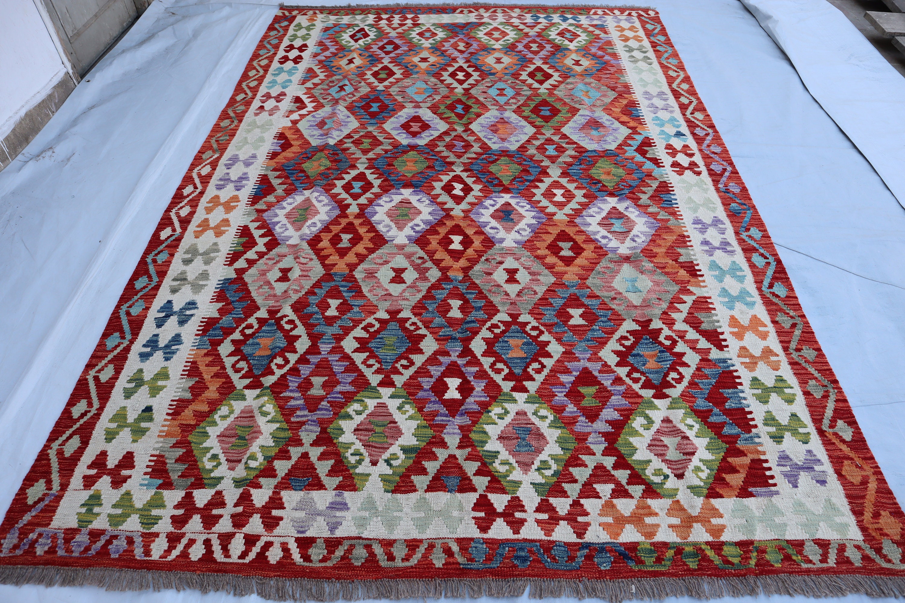 Geometrical Kilim 9.10 X 6.9 Ft, Afghan Chobi Vege Kilim 10x7 Ft