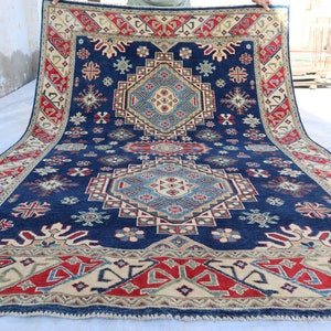 5.4x7.6 ft Fine Afghan Handmade Top Quality Veg Dye Kazak Caucasian Serapi Finest Decorative Hand Knotted Unique Geometric Area Rug, bedroom