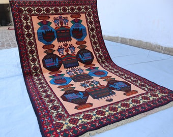 3'9 x 6'3 Ft Tribal Turkmen Baluch Rug, Afghan Handmade Wool Rug, Oriental High Pile Wool Carpet, Bohemian Kids Rug, Bedroom Eclectic Decor