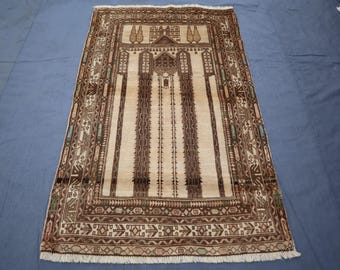 Vintage Rug 2'8x4'6 ft Afghan Balochi Rug, Traditional Hand Knotted Wool Rug, Soft Pile Brown Rug, Turkmen Tribal Area Rug, Living Room Rug