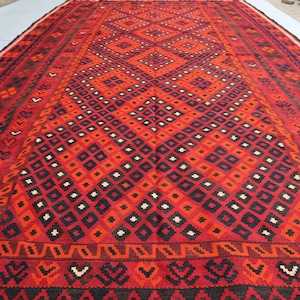 Large Area Kilim Rug 8.5 x 15.7 Ft | Geometric Turkmen Handmade Vintage Tribal Kilim Rug | Wool Rug For Bedroom | Afghan Area Kilim Rug 9x16