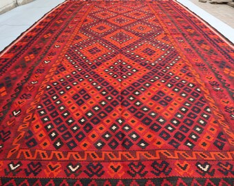 Alfombra Kilim de gran superficie de 2,7 x 4,9 m, alfombra Kilim vintage turca hecha a mano con motivos geométricos, alfombra de lana para dormitorio, alfombra Kilim afgana de 22,8 x 4,1 m