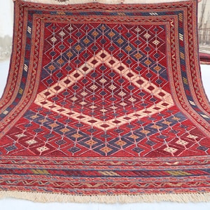 Vintage Mashwani Kilim Rug 5&#39;3x6&#39;7 - Handmade Afghan Kilim Area Rug Turkmen Tribal Rug- Handmade Wool Rug- Genuine Bohemian Rug- Living Room