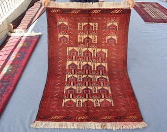 3'3x4'6 Ft Hand Knotted Wool Vintage Prayer Rug, Turkoman Tribal Tekke Prayer Carpet, Oriental Rug, Natural Veg Dye Wool Turkish Prayer Mate