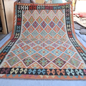 7x10 Afghan Kilim Rug Handmade Wool Flatweave Rug, Natural Vegetable Dye Wool Rug, Turkmen Oriental Rug, Turquoise Gray Orange Red Area Rug