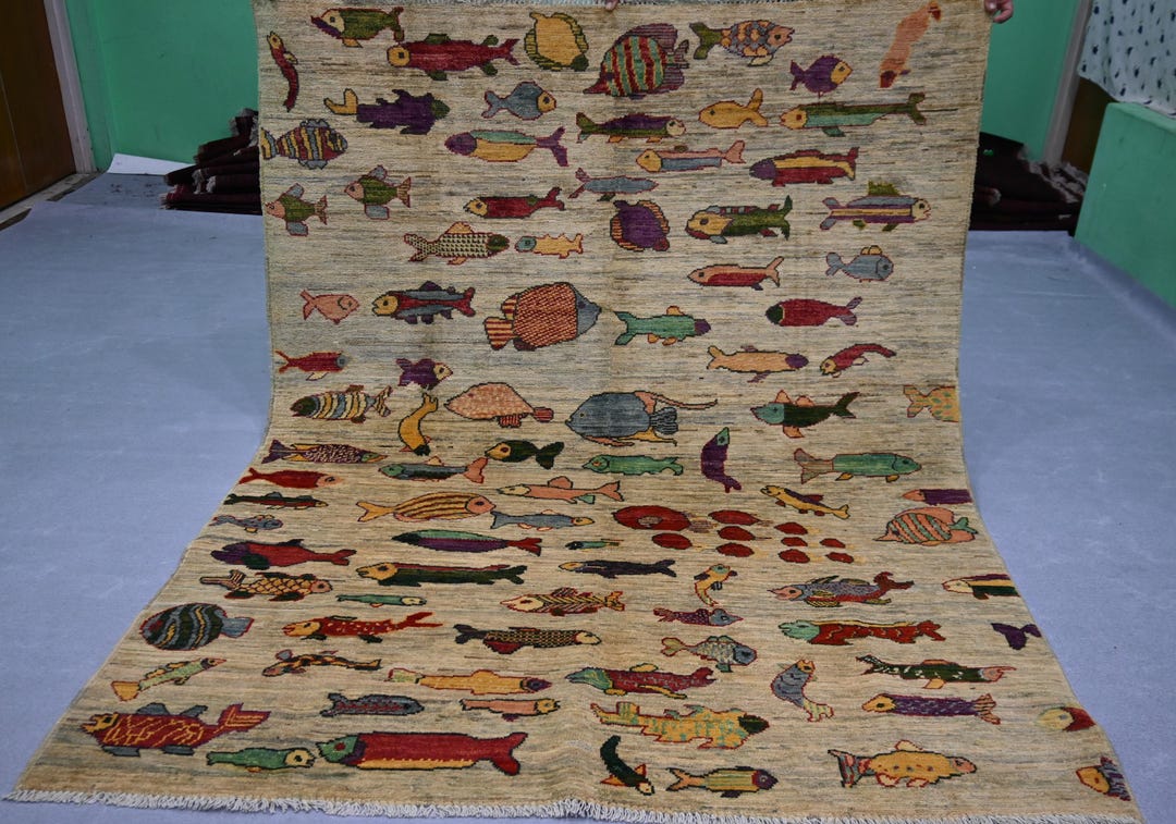 Fish Rug Handade Fishes Pictorial Rug 5'3x6'7 Afghan Hand Knotted Wool Rug, Natural ...