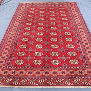 7x10 ft Red Afghan Tribal Ersari Rug, Fine Quality Turkmen Handmade Oriental Rug, Bohemian Red Area Rug, Rugs For Living Room, Farmhouse Rug