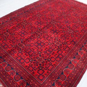 6&#39;7x9&#39;5 ft Red Afghan Rug, Hand Knotted Wool Rug, Khamiyab Bukhara Rug, Stunning Turkmen Tribal Rug, Vintage Oriental Nomadic rug, Bedroom