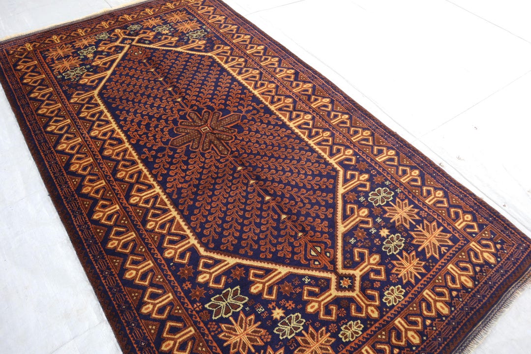 Navy Blue Baluchi Rug 4'6x7'8 Ft Antique Afghan High Pile Handmade Wool ...