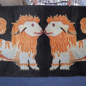Pictorial Hunting Scene Rug 4&#39;3x6&#39;7 One of a Kind Afghan Handmade Wool Rug, Rug for Bedroom, Lion Birds Art Rug, Kids Room Home Decor Carpet