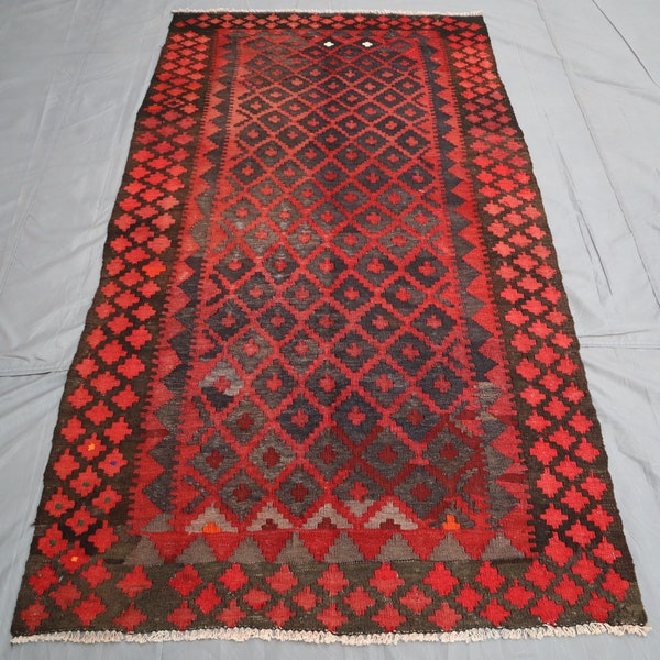3'5x6'4 Antique Faded Muted Red Black Distressed Kilim, Oriental Chobi Kilim Rug, Turkmen Tribal Kilim Rug, Afghan Vintage Kilim Rug Bedroom