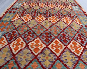 5'8 x 8'4 Ft, Turkmen Pattern Geometric Kilim, Handmade Wool Kelim Rug, Tribal Kilim Rug, Living Room Rug, Rug For Bedroom, Large Area Rug