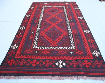 Tappeto vintage afgano Kilim Area 4'10x7'5 Ft Tappeto Kilim in lana fatto a mano, tappeto Afghan Ghalmoori Kilim, tappeto geometrico Kilim, tappeto a tessitura piatta, camera da letto