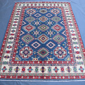 Blue Kazak Area Rug 5x7 ft, Afghan Hand Knotted Wool Rug, Geometric Boho Rug, Tribal Turkmen Rug, Hand Knotted Area Rug, Genuine Authentic