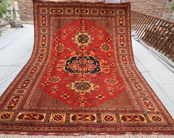 One of a Kind Area Rug 7x10 ft, Afghan Handmade Soft Pile Caucasian Rug, Bedroom Rug, Living Room Rug, Oriental Design Rug, Dining Room Rug