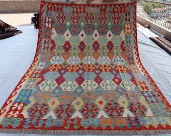 7x9'6フィートの大型アフガニスタンキリムラグ - ライトブルーの平織り