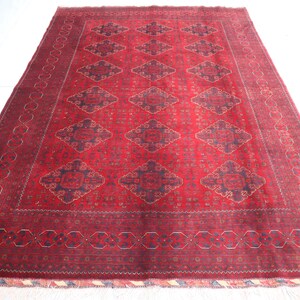7x10 ft Afghan Rug, Hand Knotted Kalisaye Bukhara Rug, Oriental Turkmen Tribal Rug, Red Living room Rug, Dining Table Rug, Boho Bohemian Rug