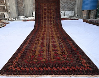 1980s Antique Terracotta Runner 3'4x12'3 Turkmen Tribal Runner Rug, Terracotta Distressed Faded Rug, Vintage Afghan Rug, Hallway Runner Rug