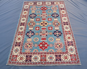 Blue Kazak Area Rug 4'3x6 ft Oriental Turkmen Tribal Rug, Handmade Wool On Cotton Rug, Kids Room Rug, Living Room Area Rug, Home Deco Carpet