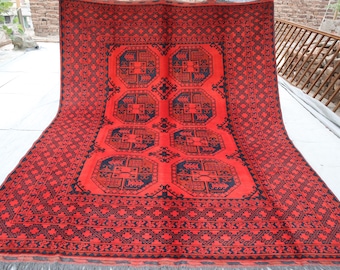Tapete antigo vermelho ferrugem 7x9, tapete de lã de pelo baixo exclusivo, tapete afegão caucasiano feito à mão, tapete de quarto, tapete oriental vermelho vintage, tapete de escritório