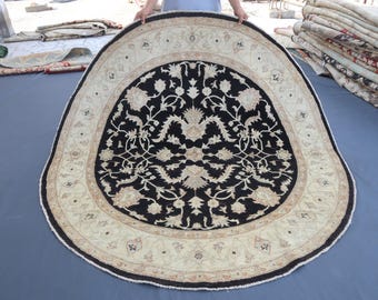 6'5 x 6'7 ft Black Bidjar Round Area Rug - Handmade Afghan Wool Rug - Tribal Turkmen Rug - Serapi Oushak Rug - Ethnic Turkmen Bejar Area Rug