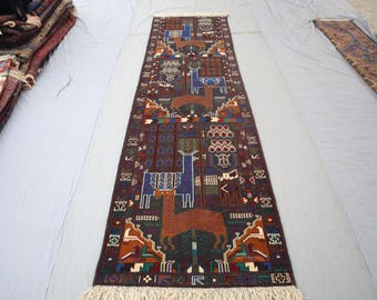 Collector Piece 10 ft Pictorial Rug/ Handmade Wool Rug/ Afghan Vintage Animal Wool Rug/ Tribal Turkmen Rug/ Hallway Rug/ Kitchen Runner Rug