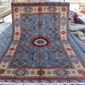 Tappeto mamelucco blu da 7 x 10 piedi, tappeto afgano annodato a mano in lana, tappeto turkmeno orientale, pezzo da collezione, tappeto turco unico nel suo genere, tappeto da camera da letto