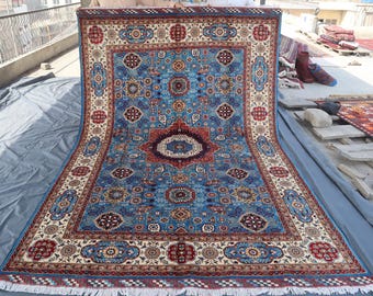 7x10 ft Blue Mamluk Area Rug Afghan Hand Knotted Wool Rug, Oriental Turkmen Carpet, Collectors Piece, One of a Kind Turkish Rug, Bedroom Rug