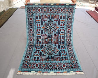 Afghan Bukhara Rug 3&#39;5x4&#39;10 Ft Teal Blue Red Rug, Turkmen Hand Knotted Wool Area Rug, Tribal Rug, Bedroom Rug, Bohemian Boho Rug, Office Rug