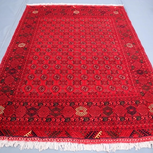 Vintage turkmen Rug, 4&#39;9 x 6&#39;4 Ft, Afghan Tribal Rug 5x7, Red Geometric Hand Knotted Wool Rug, Tribal Vintage Bokhara Rugs, Living Room Rugs