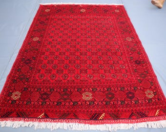 Tappeto turcomanno vintage, 145 x 193 cm, tappeto tribale afgano 13x18 cm, tappeto di lana rosso geometrico annodato a mano, tappeti tribali vintage Bokhara, tappeti da soggiorno