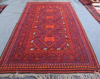 Tappeto vintage grande 6'4x11 / Tappeto kilim afgano rosso autentico geometrico Ghalmoori / Tappeto kilim turkmeno fatto a mano a tessitura piatta / Tappeto per camera da letto e cucina