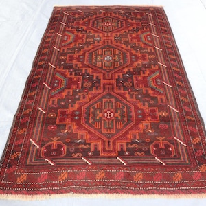 4x7 ft Baluch Rug | Antique Afghan Tribal Wool Carpet | Hand Knotted Geometric Rug | Nomadic Area Rug | Vintage Kitchen Decor | Bedroom Rug