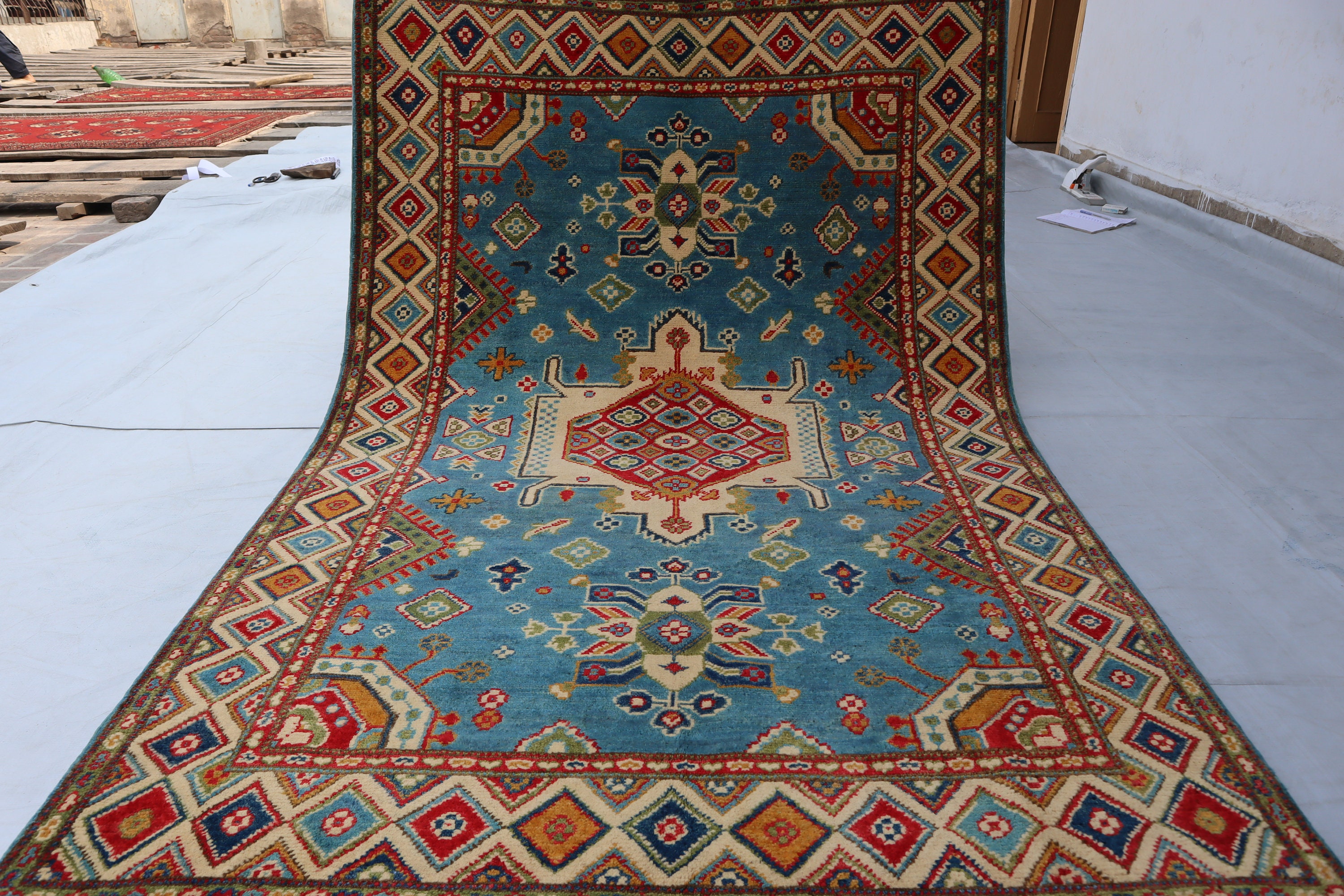 4x6 Ft Brand New Blue Kazak Rug, Handmade Wool Carpet, Turkish Traditional Rug, Wool Rug, Tribal Rug, Carpet Bedroom, Carpet For Living Room