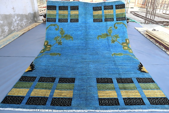 9'5 x 6'6 Ft Blue Gabbeh Turkmen Handmade Brand New Rug, Hand Knotted Carpet 7x10, Oriental Turkish Rug, Afghani Rug, Living Room Area Rug